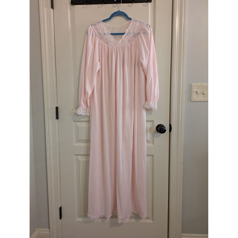 Vintage Shadowline Size M Pink Long Sleeve Embroidery Lace Nightgown Made in USA